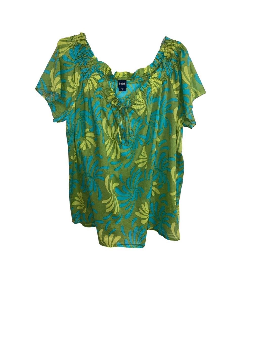 Green Floral Short-Sleeve Peasant Top